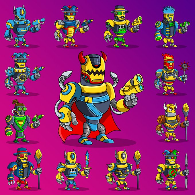 A vibrant collection of 13 cartoon-style cyber robot warrior characters displayed against a bold purple and pink gradient background, each featuring unique color combinations, weapons (guns, staffs, swords), and accessories like hats, masks, horns, and capes. The central figure stands out as a larger hero robot with red horns, glowing red eyes, and a flowing red cape, while surrounding it are smaller robot variants showcasing diverse trait combinations—from jester hats and cowboy hats to mohawks and spikes—perfectly illustrating the "so many personalities" described in the post about @0xcyberthrone's detailed character art.