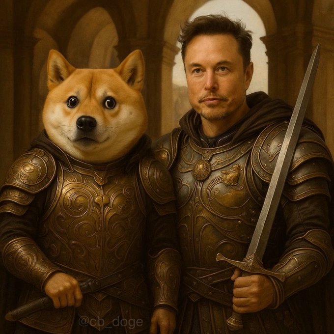 A Renaissance-style portrait of Elon Musk in ornate armor holding a sword, standing beside the Doge meme dog also clad in matching armor, with '@cb_doge' watermarked at the bottom.