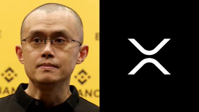 A split image showing Changpeng Zhao (CZ), the former CEO of Binance, on the left and the white XRP cryptocurrency logo on a black background on the right.