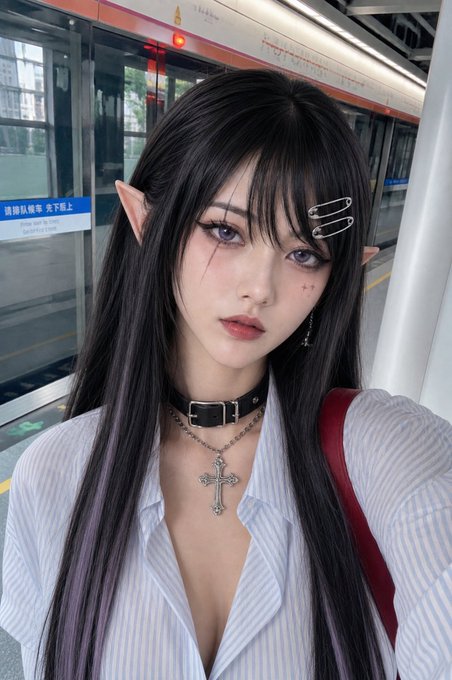 A person with long black hair, elf-like ears, purple eyes, and safety pin hair clips wears a striped shirt, black choker, and cross necklace at what appears to be a train station platform.