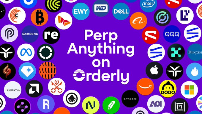 A vibrant purple promotional graphic displays the text "Perp Anything on Orderly" surrounded by numerous colorful logos of well-known companies, cryptocurrencies, and stock tickers including Bitcoin (B), Samsung, Intel, Dell, Apple, Microsoft, Amazon, SpaceX, DODO, QQQ, AMD, RE, and Direxion, illustrating Orderly Network's ability to offer perpetual futures trading on virtually any asset class.
