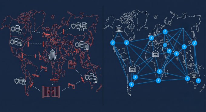 A split-screen world map contrasts a fragmented, jurisdiction-bound data infrastructure on the left (red) with a globally interconnected Filecoin network of storage nodes on the right (blue), visually reinforcing that Filecoin's decentralized storage layer transcends any single country's data residency rules.