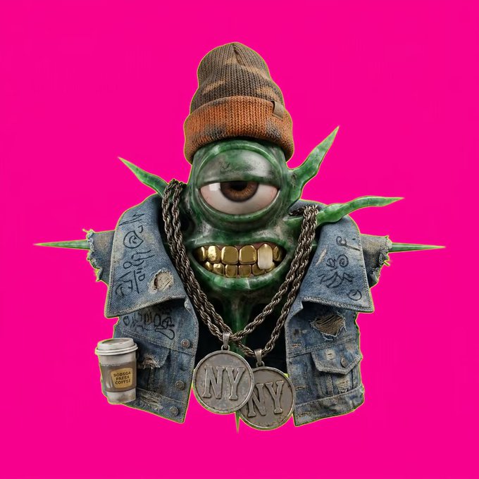 A 3D character design of a green one-eyed monster with gold teeth, wearing a beanie, spiked denim jacket, and "NY" chains while holding a coffee cup against a pink background.