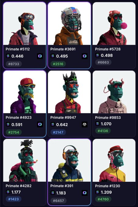 A grid showing 9 NFT 'Primate' collectible characters with various accessories and traits, each labeled with their number (e.g., Primate #5112, Primate #3691) and ETH price values.