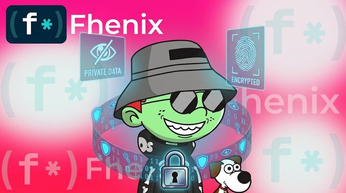 A cartoon character wearing a bucket hat and sunglasses with the word 'Fhenix' and logos indicating 'PRIVATE DATA' and 'ENCRYPTED'.