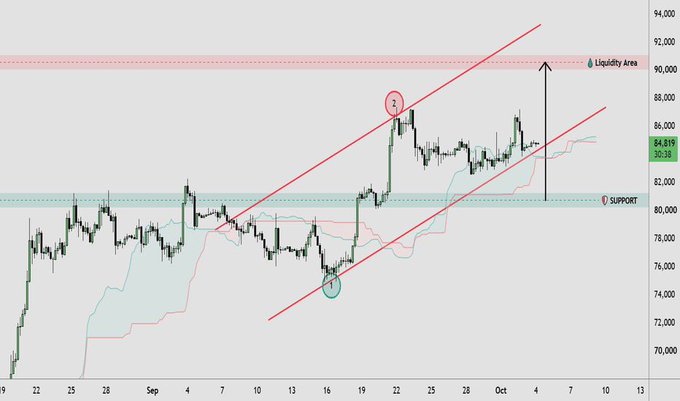 A financial candlestick chart with red parallel channel lines indicating an uptrend, showing a price around 84.815, with marked "Liquidity Area" near 90,000 and "SUPPORT" near 80,000, spanning dates from late August to early October.