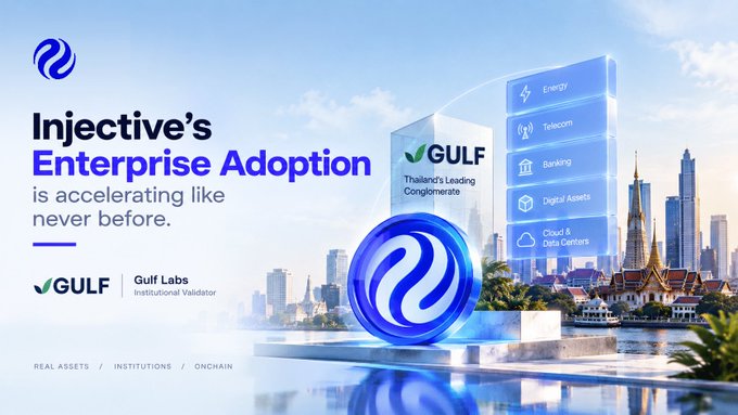 Promotional banner for Injective announcing "Injective's Enterprise Adoption is accelerating like never before," featuring Gulf Labs as Thailand's Leading Conglomerate Institutional Validator across sectors including Energy, Telecom, Banking, Digital Assets, and Cloud & Data Centers.