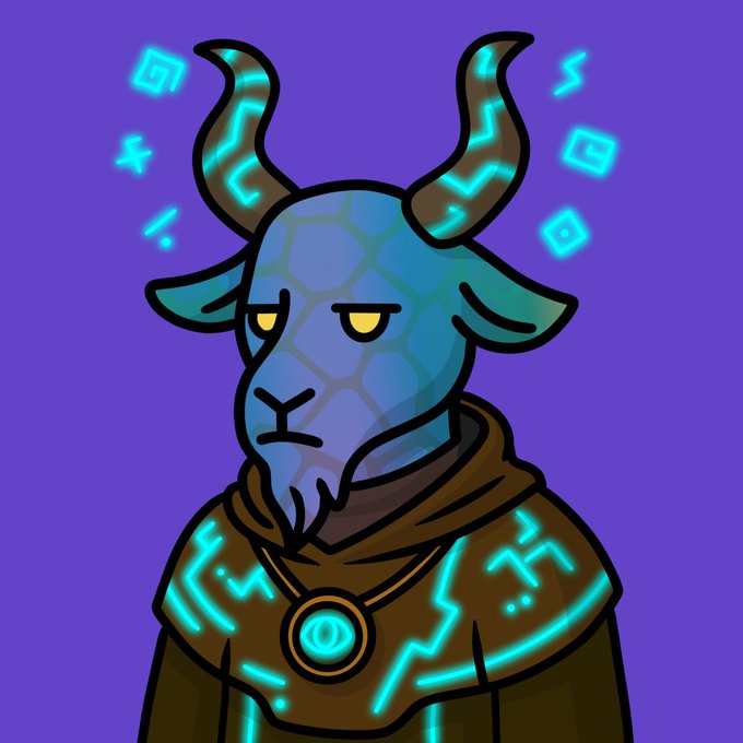 A stylized cartoon illustration of a blue, scaly goat-headed character with glowing teal markings, wearing a brown hooded cloak with a spiral pendant against a purple background.