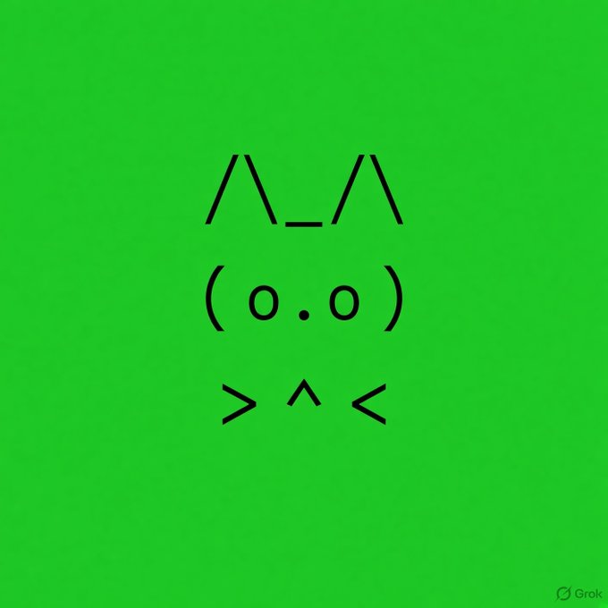 A simple cat emoticon made of ASCII characters ( /\\_/\, ( o.o ), > ^ < ) is displayed on a bright green background, appearing unrelated to the accompanying cryptocurrency minting announcement about Robinhood, OpenSea, and EVM wallets.
