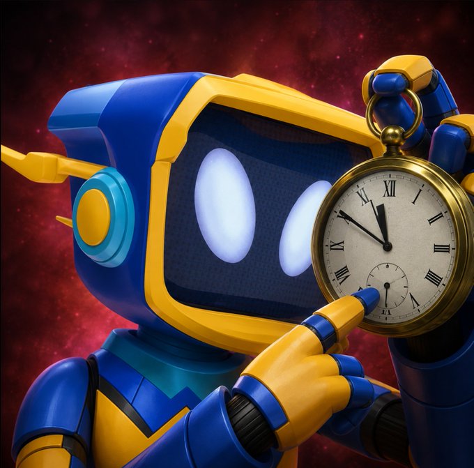 A 3D rendered blue and yellow robot with glowing white eyes holding a vintage golden pocket watch against a cosmic red and purple starry background.