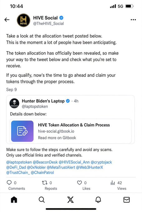 A screenshot of a tweet from the verified HIVE Social account (@TheHIVE_Social) discusses a token allocation reveal, embedding another tweet from 'Hunter Biden's Laptop' (@laptopstoken) with a link to a HIVE Token Allocation and Claim Process page.