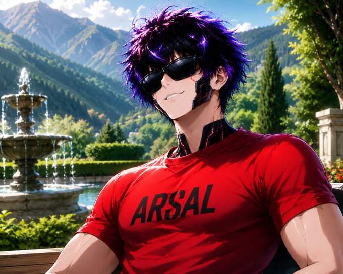 An anime-style illustration of a muscular character with purple hair and sunglasses wearing a red 'ARSAL' t-shirt, set against a garden background with a fountain and mountains.