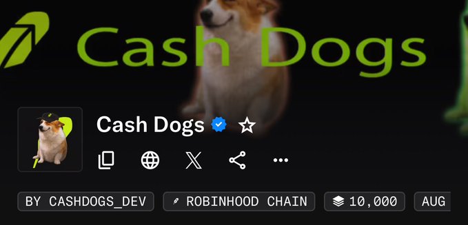 A profile page for 'Cash Dogs' cryptocurrency token on Robinhood Chain by CASHDDOGS_DEV with 10,000 tokens and a verified badge, featuring a Shiba Inu mascot.
