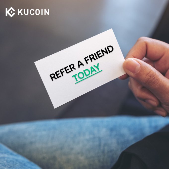 A hand holds up a card reading "REFER A FRIEND TODAY" alongside the KuCoin logo, visually reinforcing the post's call to action to join KuCoin's referral program and earn a share of the $100,000 USDT prize pool.