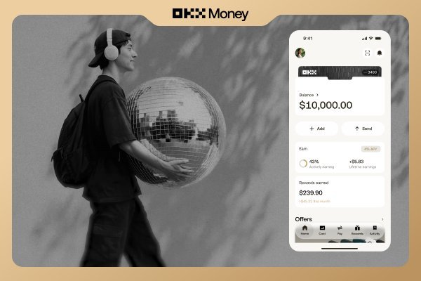 An advertisement for 'OKX Money' featuring a black-and-white photo of a person with headphones and a disco ball backpack, alongside a mobile app interface showing a balance of $10,000.00 and $239.00 deposit earned.