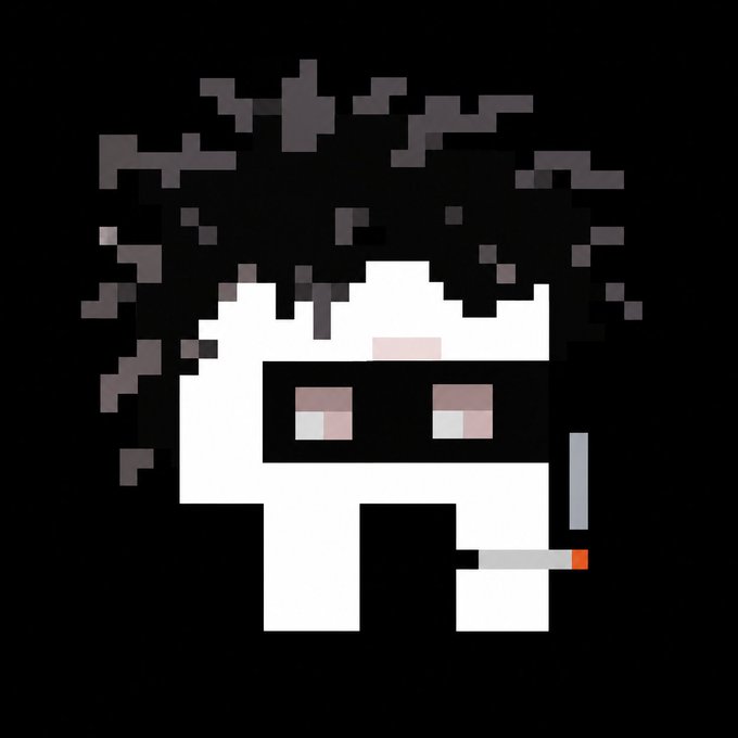 A pixel art illustration shows a white character with dark hair blowing upward, pink-tinted sunglasses, and a cigarette in its mouth against a black background.