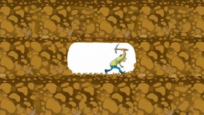 An animated scene shows a small figure with a pickaxe walking through a tunnel of brown rocks toward a bright white opening.