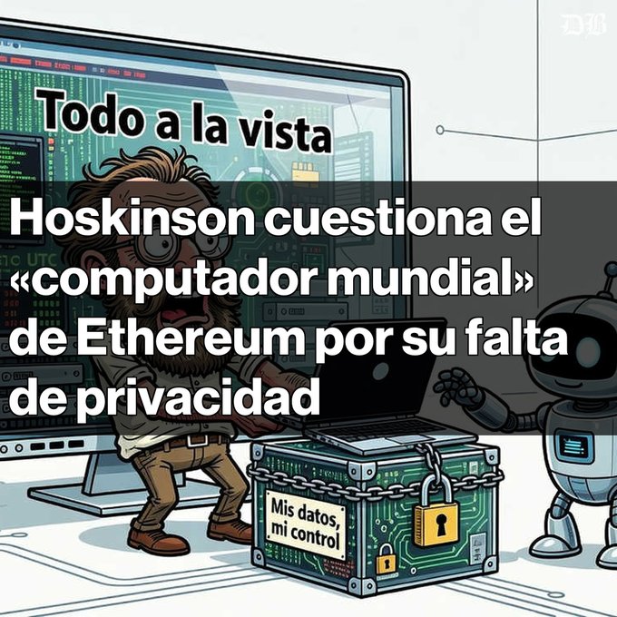 An illustrated graphic showing a bearded cartoon man and a robot next to a locked safe labeled 'Mis datos, mi control', with Spanish text: 'Todo a la vista: Hoskinson cuestiona el «computador mundial» de Ethereum por su falta de privacidad'.