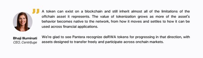 A quote graphic featuring a photo of Bhaji Illuminati, CEO of Centrifuge, discussing blockchain tokens, onchain assets, and Pantera's recognition of deRWA tokens.