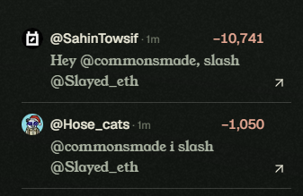 The image shows two Twitter/X accounts (@SahinTowsif with -10,741 score and @Hose_cats with -1,050 score) both downvoting @commonsmade in favor of slashing @Slayed_eth, illustrating the very behavior the post is criticizing as uninformed and harmful to the community.