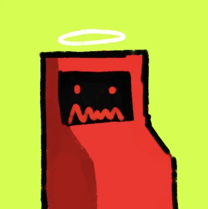 A red cartoon machine with a black screen displaying glowing red eyes and a jagged mouth, topped with a white halo, set against a bright green background—evoking a demonic yet angelic "robot overlord" ready to take over, perfectly matching the ominous invitation "Are you ready machines?"