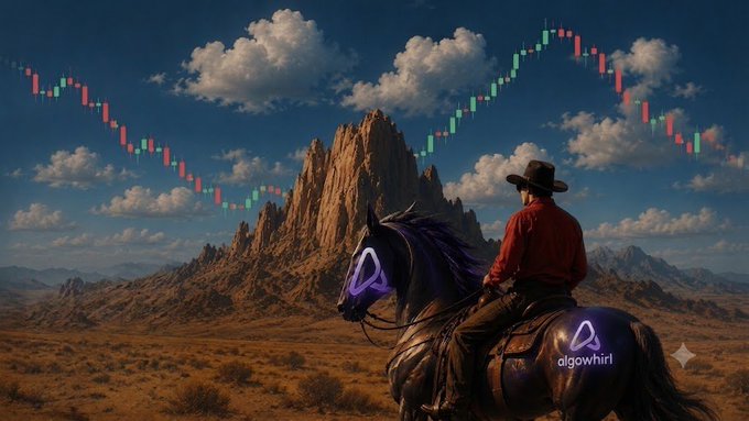 The image features a cowboy riding a horse through a desert landscape, with a mountain range visible in the background. The cowboy appears to be wearing a red shirt and hat while holding onto the reins of his horse. In the foreground, there are two lines of text that read "Focus on what is in the image" and "No profit sharing." These texts seem to be related to the post about riding horses for trading assets or something similar.