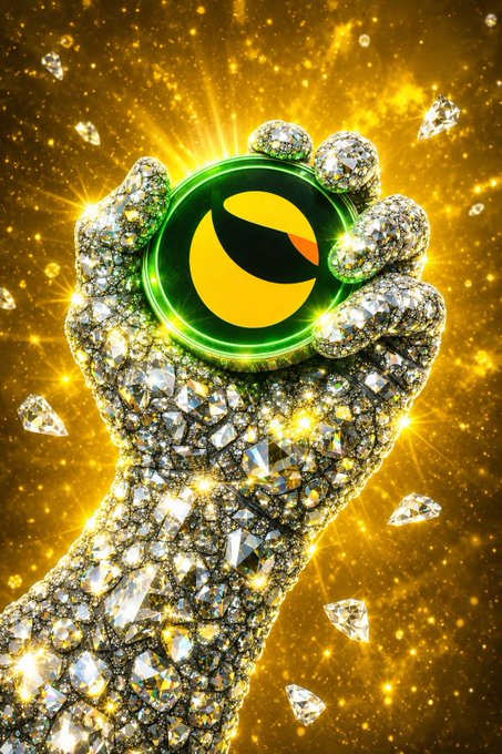 A glittering diamond-encrusted hand firmly grips a glowing green coin featuring a stylized bird/turkey logo against a radiant golden background, symbolizing the "diamond hands" mentality referenced in the post. The luxurious imagery reinforces the message of unshakeable commitment to holding $LUNC (Terra Classic) tokens.