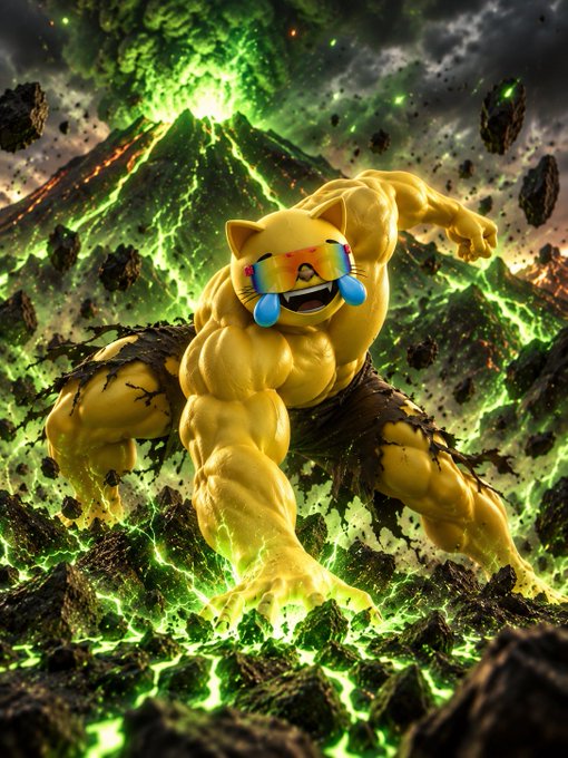 A digitally created image of a muscular cat-like creature with a rainbow emoji face flexing its muscles in front of an erupting volcano with green lava and flying rocks.