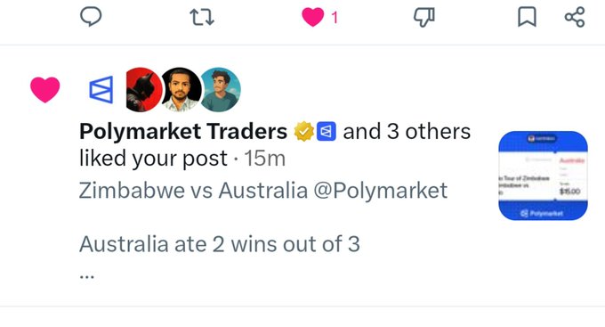 A social media notification from 'Polymarket Traders' and 3 others liking a post about 'Zimbabwe vs Australia @Polymarket', noting 'Australia ate 2 wins out of 3', with a thumbnail showing odds.