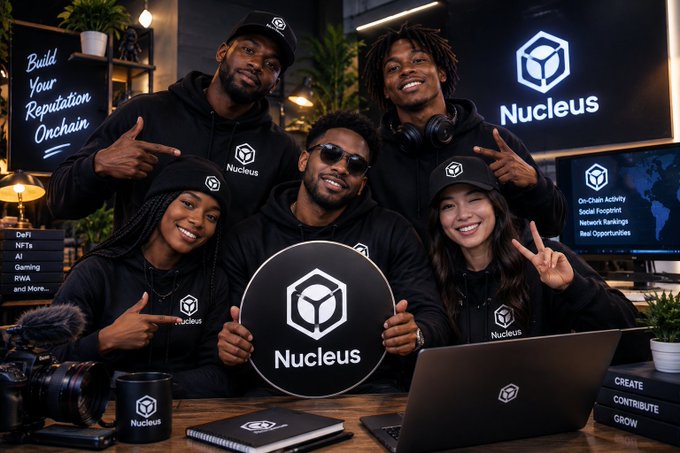 A group of five people wearing black "Nucleus" branded hoodies pose together in a promotional photo, with one holding a circular Nucleus logo sign in front of a screen showing "Nucleus" branding.