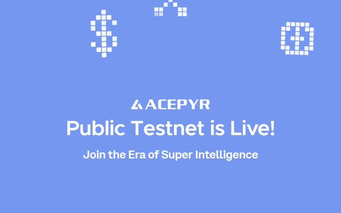 The image features a blue background with white text that reads "Acepyr Public Testnet Is Live!". The text also includes a link to join the era of super intelligence, which is an invitation for users to participate in a public testnet. The image does not contain any other objects or elements besides the text and the blue background.