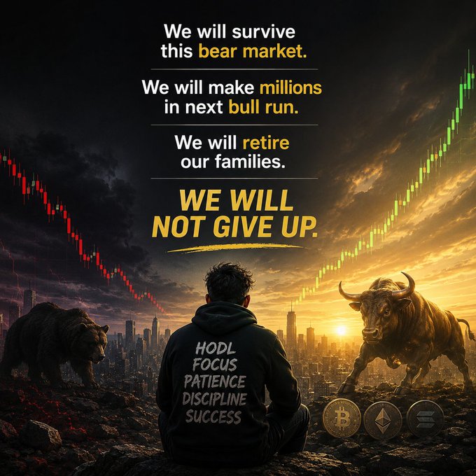 A motivational crypto poster showing a figure in a HODL hoodie seated between a bear (bear market) and a bull (bull run), with text declaring: 'We will survive this bear market. We will make millions in next bull run. We will retire our families. WE WILL NOT GIVE UP,' along with the values 'HODL, FOCUS, PATIENCE, DISCIPLINE, SUCCESS' and Bitcoin, Ethereum, and Solana logos.