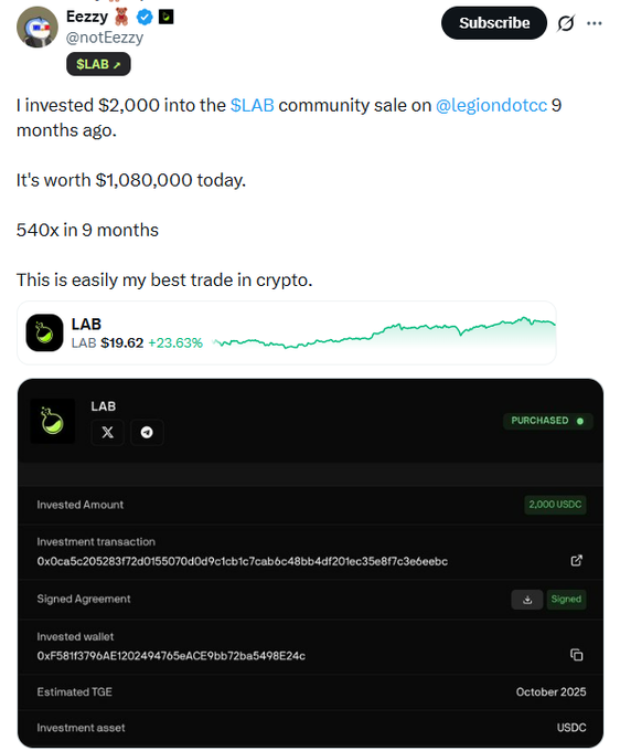 The image shows a social media post with an advertisement for an investment opportunity called "Lab 9th Không Chản". The poster includes a graph showing a substantial increase of $200,000 over time for LAB, along with text promoting the investment opportunity and a link to purchase the asset. A user named ZachXBT is also included in the post, possibly sharing their own experience with this particular investment or providing additional information about it.