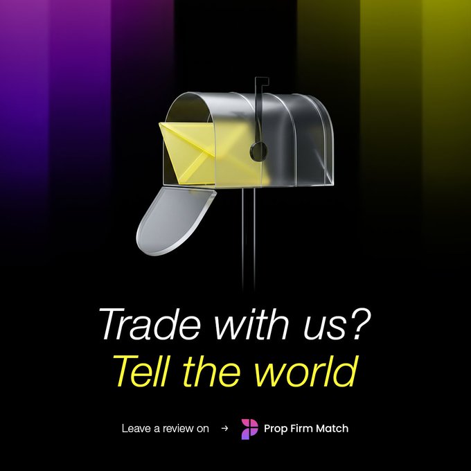 The image features a 3D-rendered metallic mailbox with a glowing yellow envelope inside, set against a purple, black, and yellow gradient background. Below the mailbox, the text reads "Trade with us? Tell the world," followed by "Leave a review on → Prop Firm Match" with the platform's pink logo.

The image relates to the post by visually encouraging prop firm traders—particularly those who have traded with CFT—to share their payout experiences on Prop Firm Match, reinforcing the message that verifying real trader outcomes is what truly matters beyond just the payout numbers.