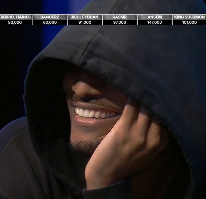 A close-up of a smiling person in a dark hoodie, with a leaderboard at the top showing names including Gabriel Haines (80,000), Bangerz (60,000), AshleyDCan (91,000), RASMR (97,000), AnSem (147,000), and King Solomon (101,000).