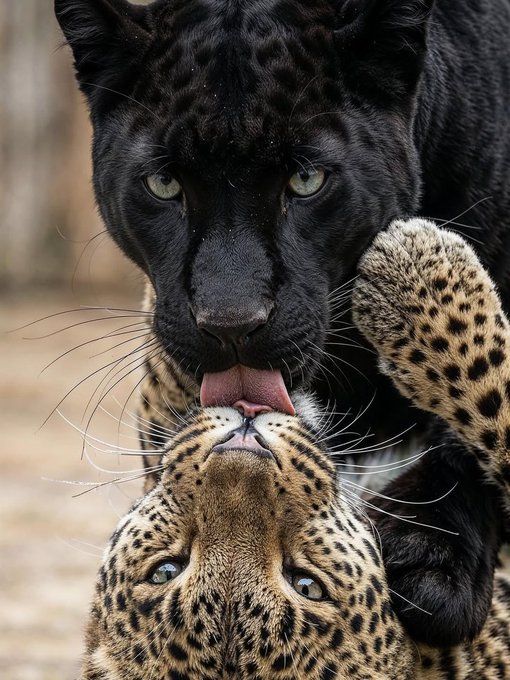 A black panther lovingly licks the face of a spotted leopard in an intimate display of affection, perfectly capturing the "perfect image" of unity between these two majestic big cats.