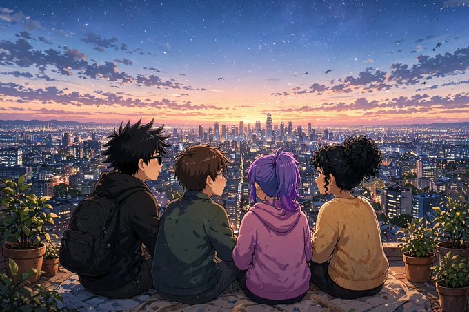 An anime-style illustration shows four young people sitting together on a ledge, gazing out at a sprawling city skyline illuminated by city lights under a starry, twilight sky with orange and purple clouds.
