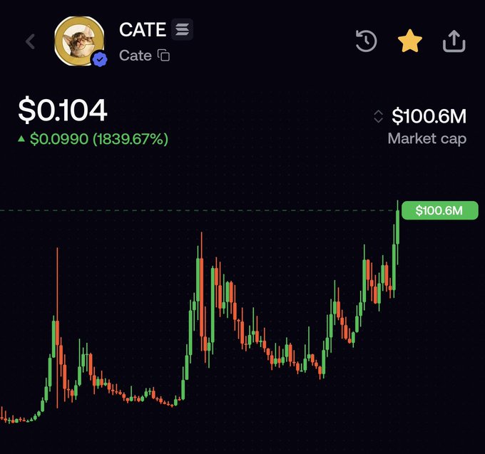 A cryptocurrency trading chart displays the CATE token priced at $0.104 with a market cap of $100.6M, showing a 1839.67% increase. The candlestick chart illustrates the token's volatile price action across multiple cycles, with a recent breakthrough above the $100.6M market cap level—visually reinforcing the post's claim that CATE has finally "broken through the $100m ceiling" after previous failed attempts.