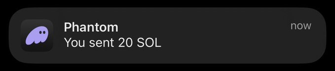 A mobile notification from Phantom wallet displays the message "You sent 20 SOL" timestamped "now," accompanied by the Phantom ghost logo. The image serves as a visual punchline to the post "What if I sent you 20 SOL?" by playfully illustrating the hypothetical scenario of actually sending 20 Solana to the recipient.