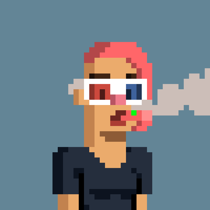 A pixel art portrait of a female character with pink hair, red-tinted glasses, and a smoking cigarette against a blue background, representing the daily selection in the "CypherPunk #26" auction series where each punk is revealed and auctioned for 24 hours with no reserve on cypherpunks.art.