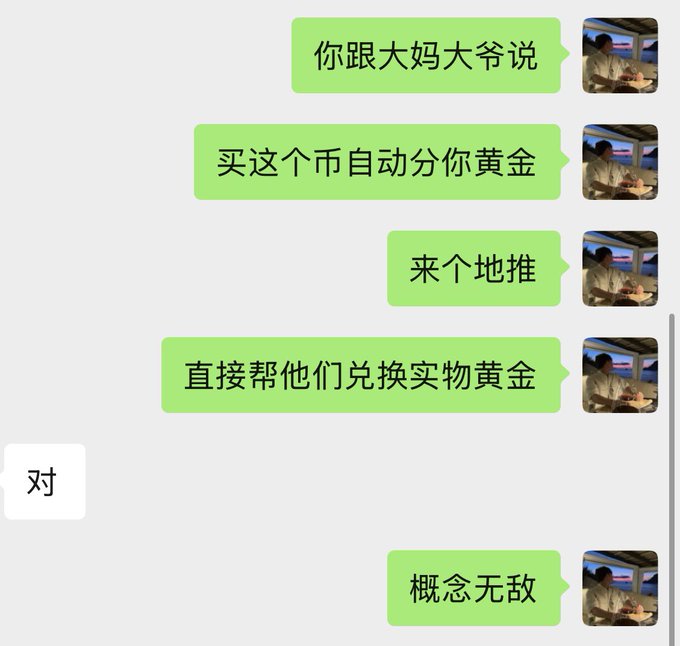 A Chinese WeChat conversation screenshot shows messages discussing telling elderly people about buying a coin that auto-distributes gold and exchanging it for physical gold, ending with '概念无敌' (concept is invincible) and a reply '对' (correct).