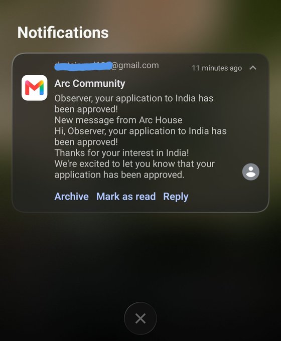 A notification from Arc Community confirms that the user's application to the India regional group has been approved, directly supporting their announcement about joining the group.