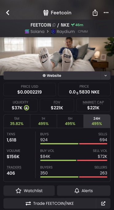 Mobile app screenshot showing cryptocurrency trading data for Feetcoin (FEETCOIN/NKE) on Solana/Raydium, displaying price ($0.0002219), liquidity ($37K), and 24H gains of 495%.