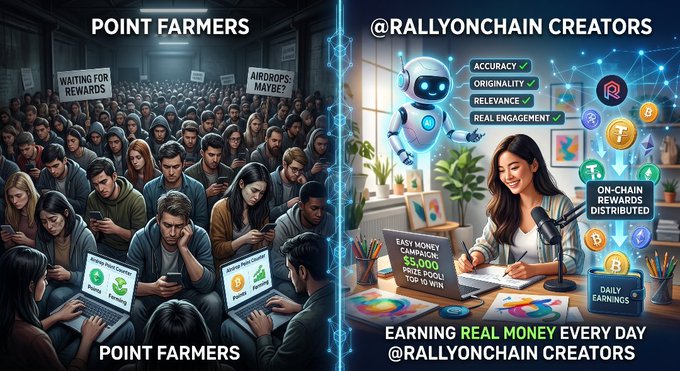 The image shows two different scenes with a large group of people sitting at desks using laptops. The scene on the left depicts a crowd of people working on their computers, while the scene on the right features a woman sitting at her desk with a microphone in front of her. The text above these images reads "Point farmers" and "Point farmers earn real money every day by creating content", which suggests that the image is promoting the idea of point farming as a way to make money online.