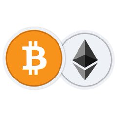 Digital illustration of two cryptocurrency coin icons: a gold Bitcoin (BTC) on the left and a silver Ethereum (ETH) on the right.