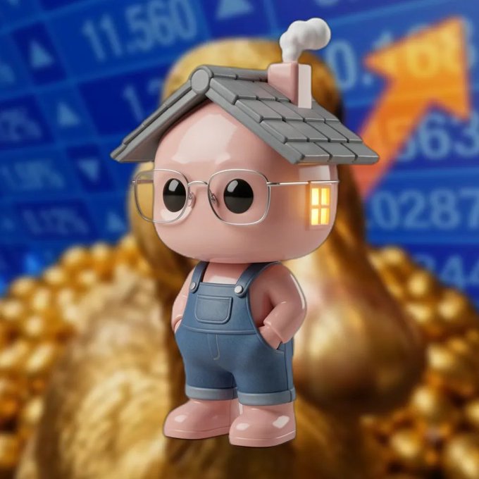A cute 3D cartoon character with a house-shaped hat, glasses, and blue overalls stands in front of gold coins and a stock chart displaying numbers like "11.560," "15," and "0287," symbolizing the recent addition of $PONS to Robinhood assets.