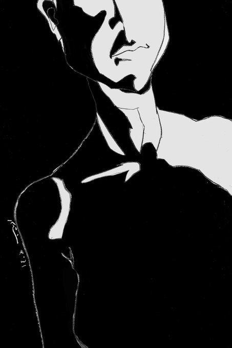 A high-contrast black and white stylized digital artwork depicting the lower half of a figure wearing a dark collared shirt and tie, matching the "Truth or Reality" collection of physical blind contour line drawings described in the post. The image contains no visible text or numbers.