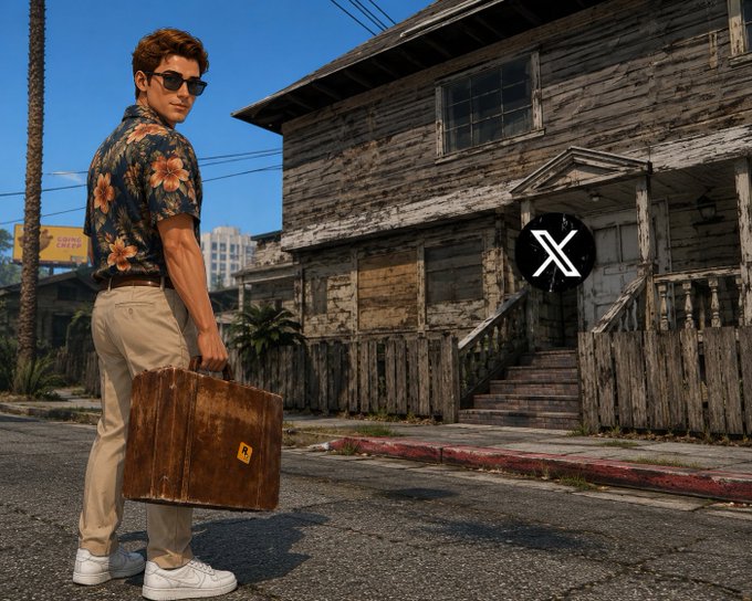 A stylized retro illustration of a man in a floral Hawaiian shirt and sunglasses holding a brown suitcase, standing on a street in front of a weathered wooden house featuring a large black 'X' logo (Twitter/X).