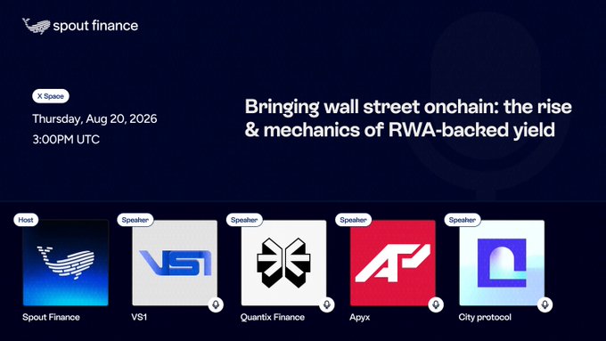 An X Space announcement for Spout Finance on Thursday, Aug 20, 2026 at 3:00PM UTC titled 'Bringing wall street onchain: the rise & mechanics of RWA-backed yield' featuring hosts and speakers including Spout Finance, VS1, Quantix Finance, Apyx, and City protocol.