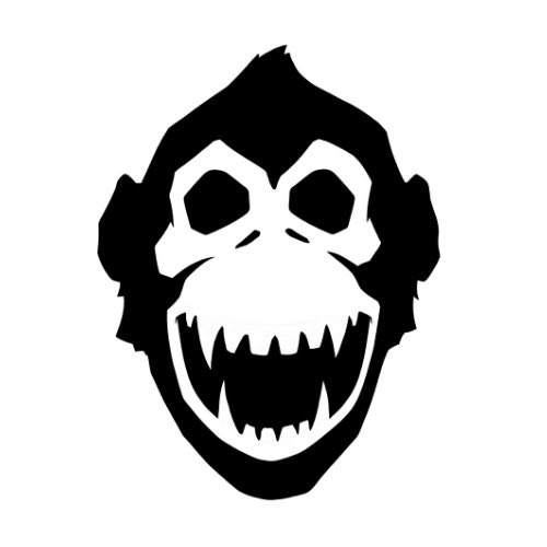 A black and white stylized graphic illustration of a menacing ape or gorilla skull featuring bared sharp teeth and dark eye sockets.